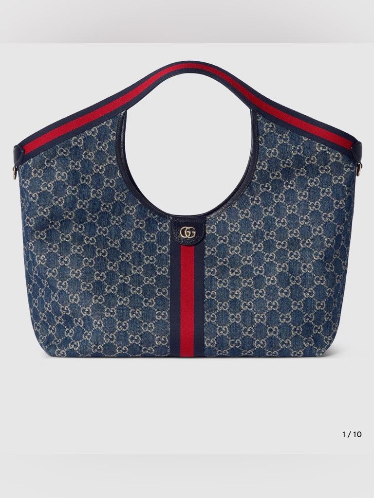 Gucci Giglio Blue Denim Gg Monogram Tote With Red And Navy Web Nwt